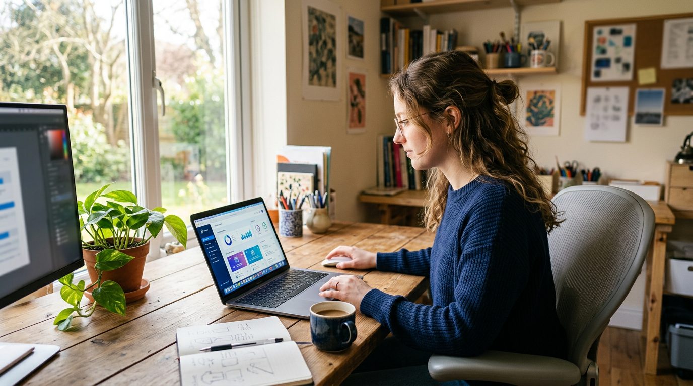 Freelance designer reviewing an AI-generated application pack on a laptop at a desk